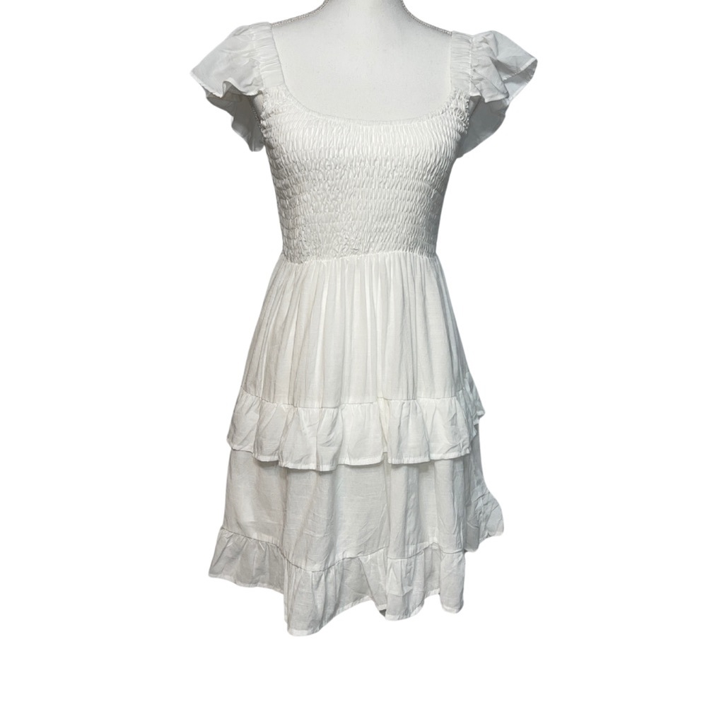 Womens White Mini Boho Sundress with Flutter Sleeves and Square Neck